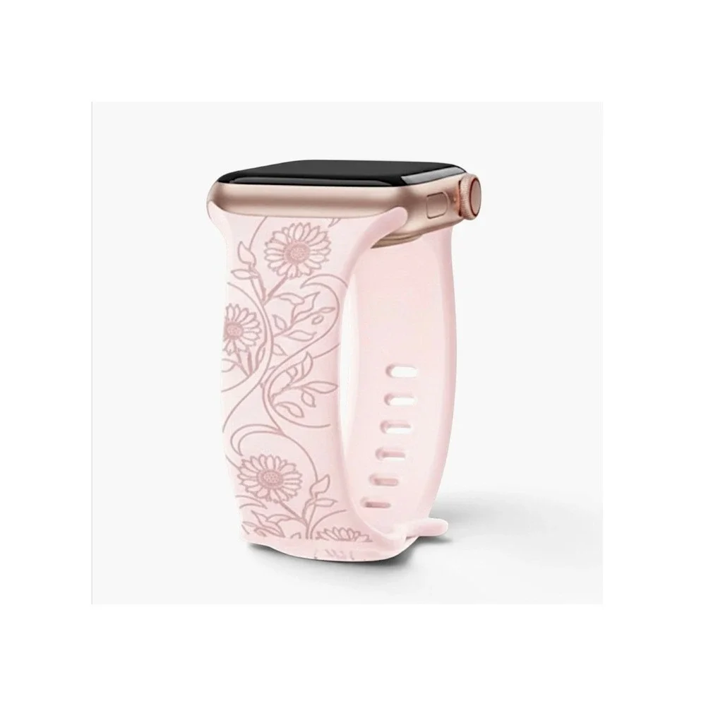 For Apple iWatch Compatible Pink Etched Floral Silicone Watch Band 42/44/45/49mm